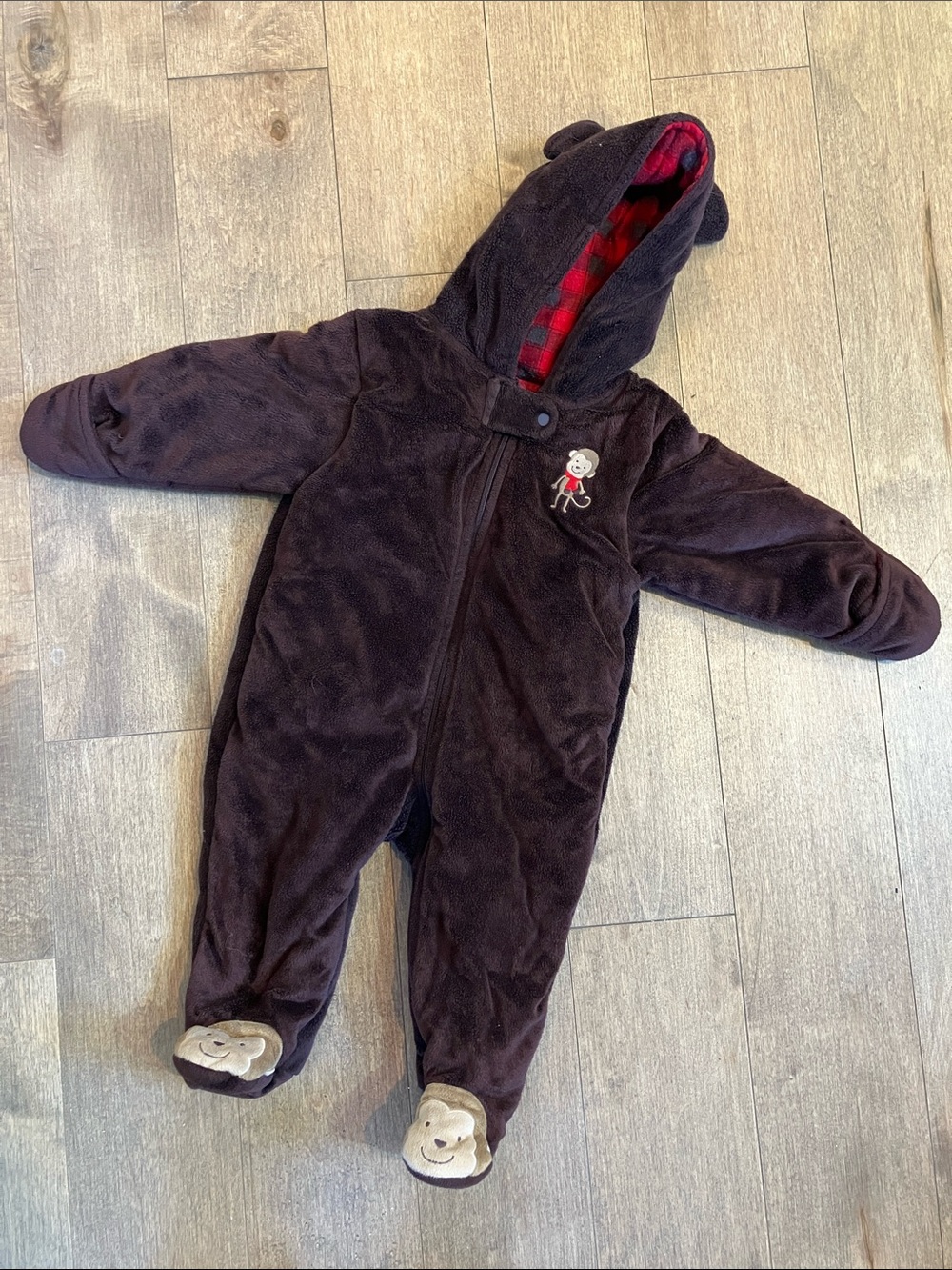 Cozy Dark Brown Hooded Footed One-Piece with Red Plaid Lining